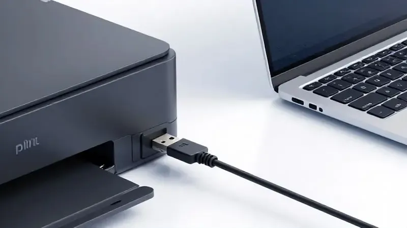 Ilustração conceitual de conexão USB entre impressora e computador para instalação
