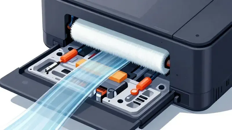 Ilustração conceitual do processo de limpeza profunda interna de uma impressora