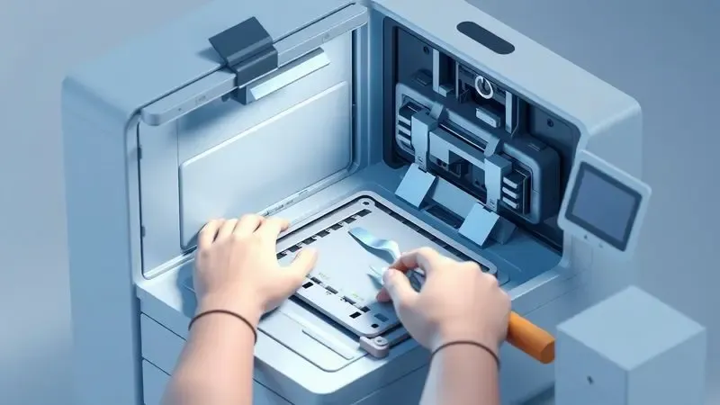 Ilustração isométrica de manutenção e limpeza técnica para prolongar a vida útil de uma impressora.