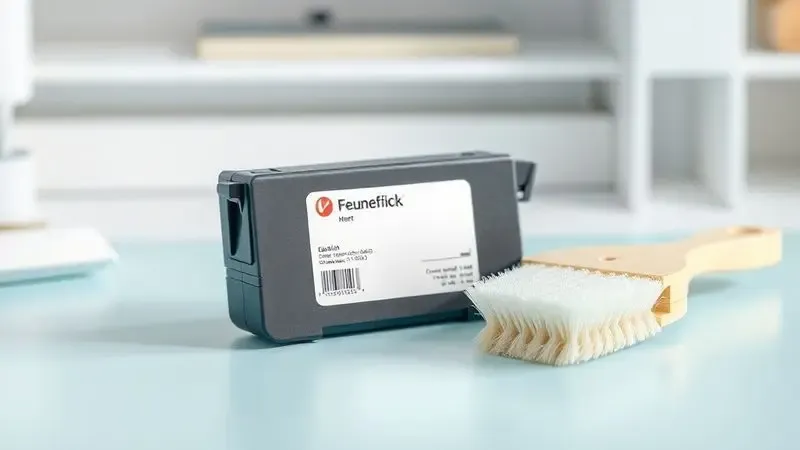 Ilustração 3D representando a manutenção técnica e limpeza de componentes de uma impressora matricial.