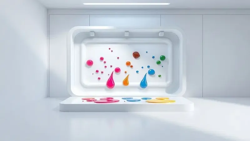 Visão técnica e artística de componentes internos de absorção de tinta com cores vibrantes em um ambiente limpo.