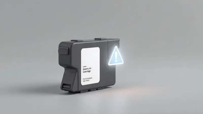 Ilustração conceitual de um cartucho de tinta genérico com um ícone de alerta flutuante, indicando manutenção e cuidados.