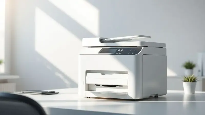 Cena ilustrativa de uma impressora moderna e limpa em um ambiente de trabalho organizado, simbolizando durabilidade.