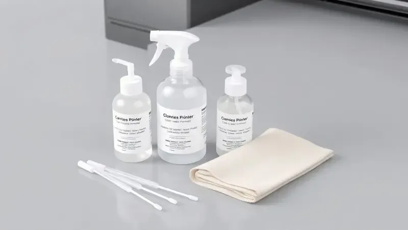 Kit de manutenção preventiva para impressoras DTF com ferramentas de limpeza e cuidado em um fundo neutro.