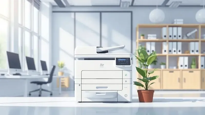 Cena digital de uma impressora em um escritório limpo e organizado simbolizando manutenção preventiva.