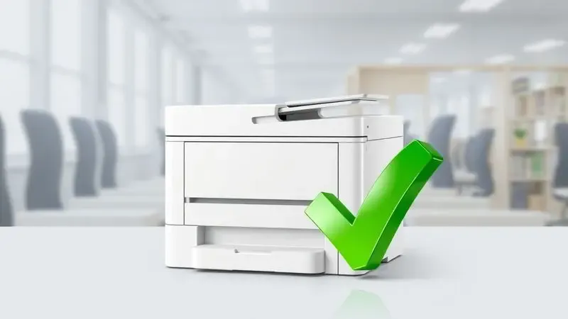 Composição minimalista 3D de uma impressora limpa e organizada simbolizando manutenção preventiva e cuidado.