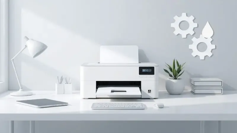 Cena organizada de manutenção preventiva com materiais de limpeza conceituais para impressora.