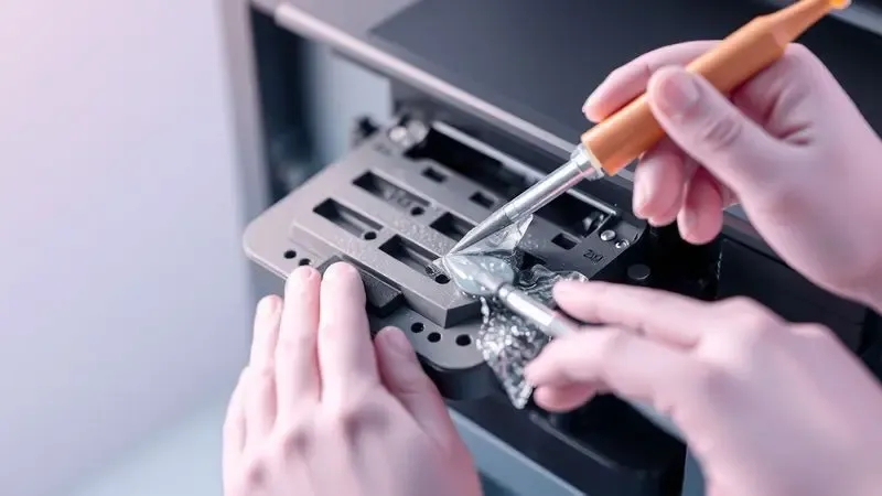 Renderização 3D de ferramentas conceituais realizando a limpeza técnica de um cabeçote de impressão estilizado.