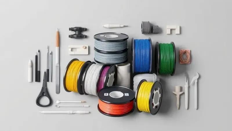 Carretéis de filamento coloridos e ferramentas de manutenção organizados de forma artística e minimalista.