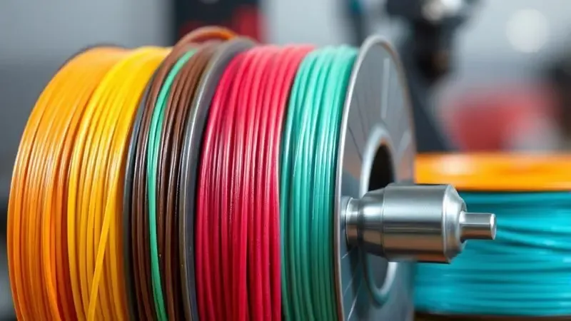Composição visual de diferentes tipos de filamentos coloridos ao lado de um bico de extrusora metálico.
