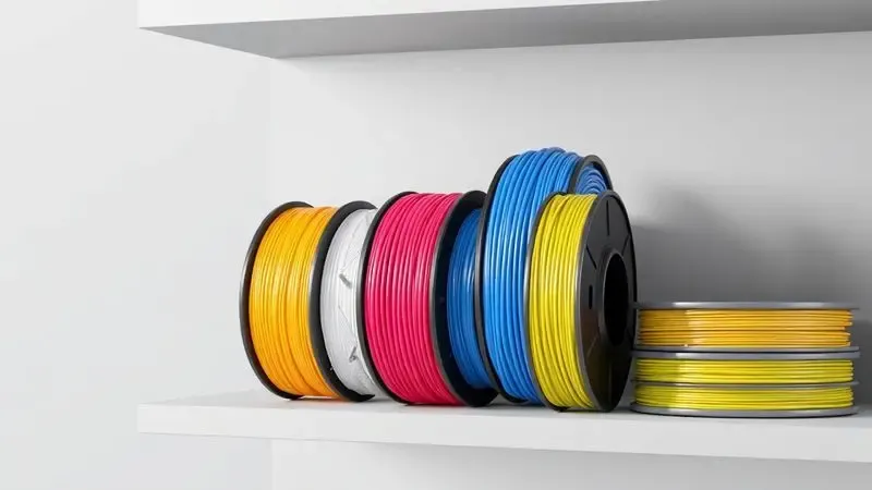 Renderização 3D de diversos carretéis de filamento coloridos representando diferentes materiais para impressão 3D.