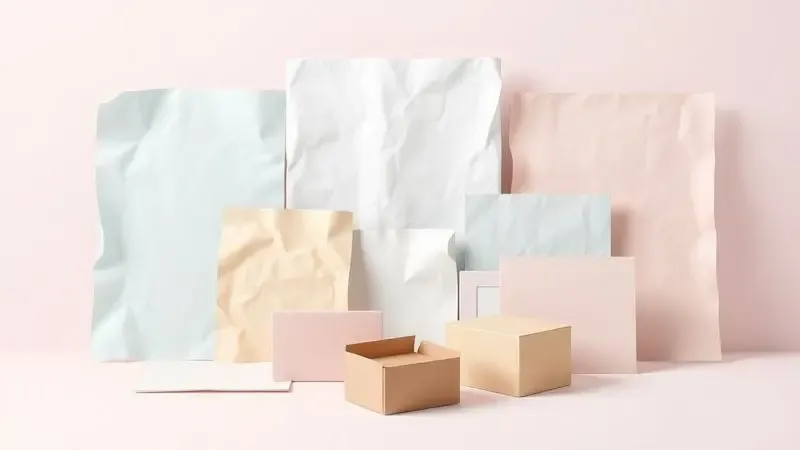 Representação artística de diversos tipos de papéis, adesivos e embalagens de papelaria personalizada dispostos harmonicamente.