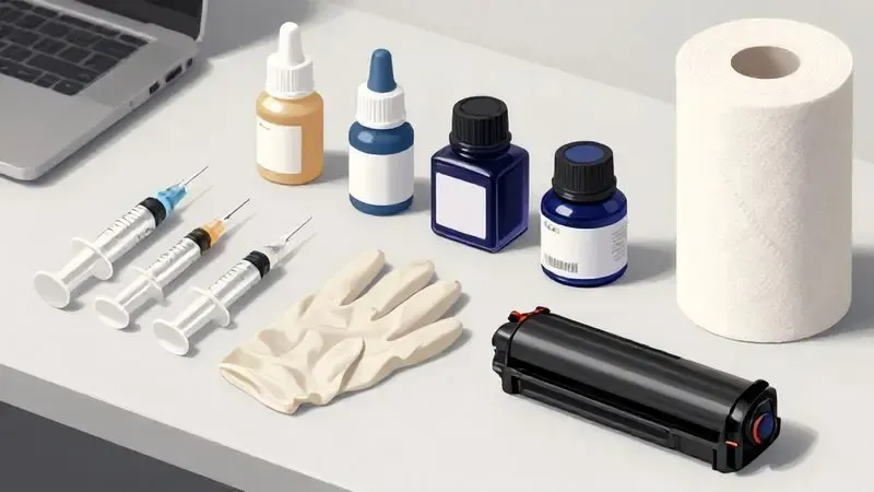 Materiais necessários para recarregar cartuchos de tinta incluindo seringas, garrafas de tinta e equipamentos de proteção