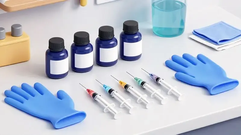 Ilustração de materiais necessários para recarga de tinta: frascos, seringas e equipamentos