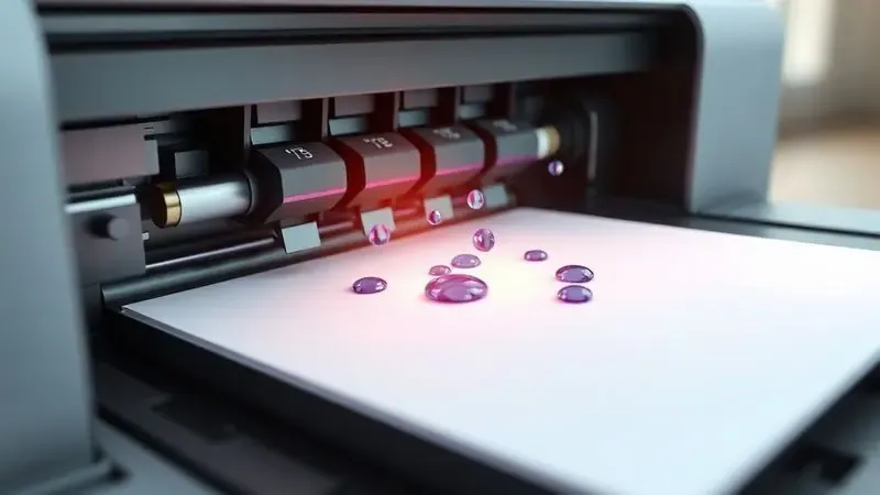 Ilustração digital do mecanismo de impressão jato de tinta com visualização de gotas de tinta