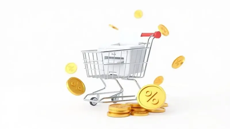 Ilustração 3D de um carrinho de compras com uma impressora e moedas douradas representando economia e custo-benefício.