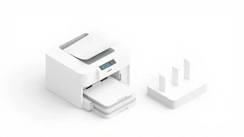 Ilustração isométrica sobre eficiência e custo-benefício em impressão para escritórios.