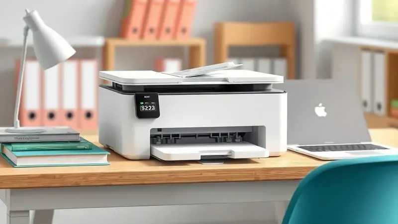 Cena artística de uma impressora compacta em uma mesa de estudos organizada, ideal para o ambiente de um estudante.