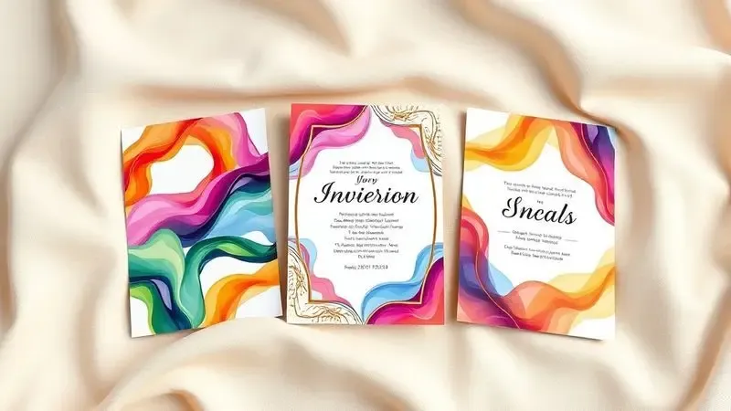 Exemplo artístico de convites coloridos impressos em papel de alta gramatura com cores vibrantes e detalhes nítidos.