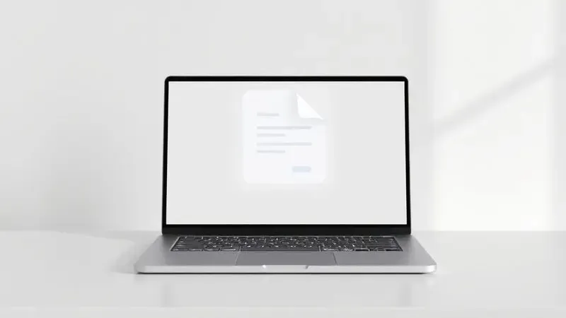 Ilustração 3D conceitual de um notebook moderno processando documentos virtuais em formato PDF de maneira eficiente.