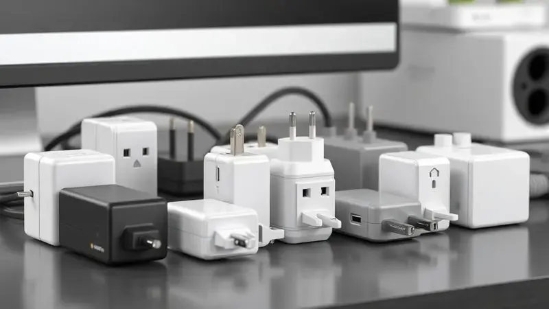 Diferentes modelos de fontes de alimentação eletrônicas organizadas de forma limpa em uma estação de trabalho.