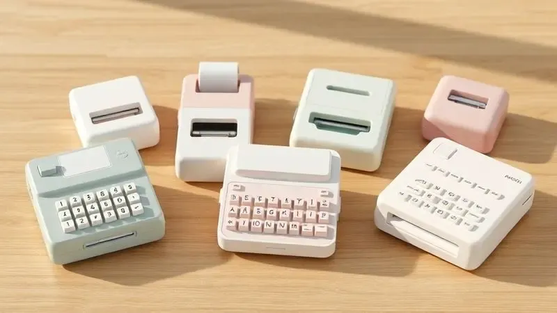 Ilustração 3D de diversos modelos de impressoras de etiquetas portáteis minimalistas organizadas em uma superfície de trabalho limpa.