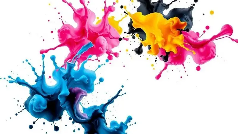 Ilustração digital artística com respingos de tinta nas cores ciano, magenta, amarelo e preto em fundo branco.