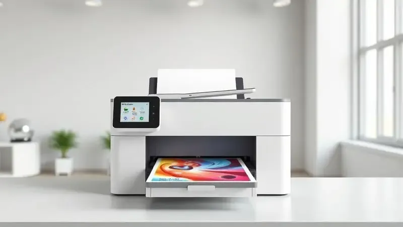 Ilustração 3D de uma impressora moderna em um escritório limpo produzindo impressões vibrantes e coloridas.