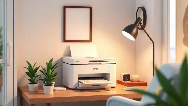 Canto de um escritório doméstico aconchegante e moderno com uma impressora genérica e decoração minimalista.
