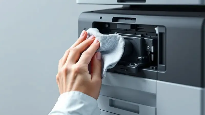 Renderização 3D de mãos cuidadosas limpando componentes internos de uma impressora genérica com um pano macio.