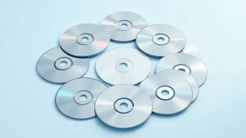 Ilustração digital 3D de diversos discos de CD, DVD e Blu-ray organizados de forma artística em uma superfície minimalista.