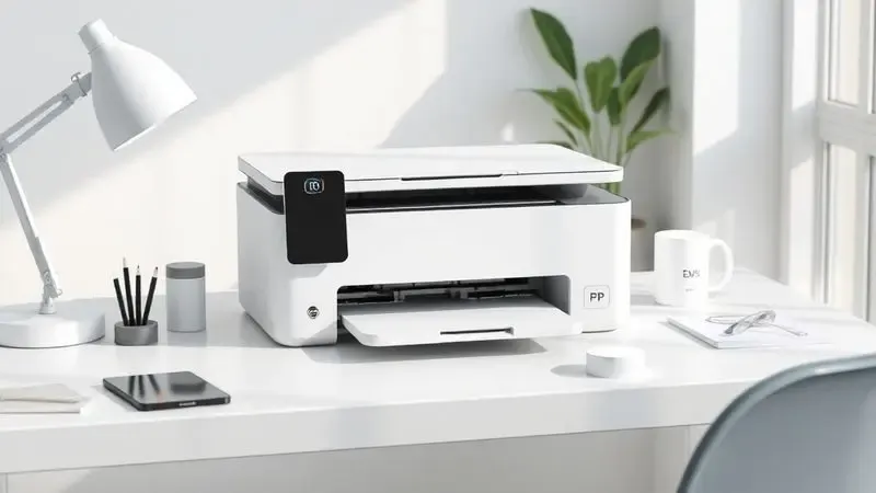 Representação 3D de uma impressora com tanque de tinta em um ambiente de escritório doméstico minimalista e organizado.