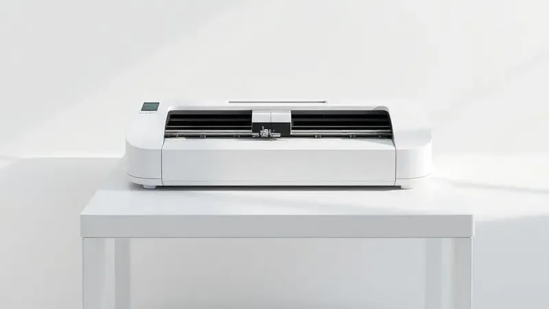 Ilustração 3D de uma máquina de corte digital futurista e minimalista em um ambiente de ateliê limpo.