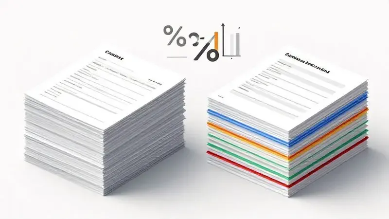 Comparação visual conceitual entre documentos monocromáticos e coloridos mostrando diferenças de consumo
