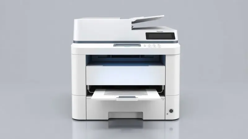 Renderização 3D conceitual de uma impressora multifuncional destacando as funções de digitalização e cópia.