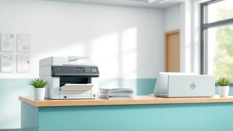 Escrivaninha de médico organizada com documentos impressos e equipamentos modernos em ambiente clínico.