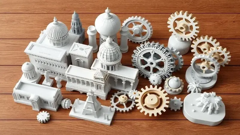 Coleção de objetos variados e sem marca produzidos por impressão 3D, como miniaturas e peças decorativas, demonstrando versatilidade.