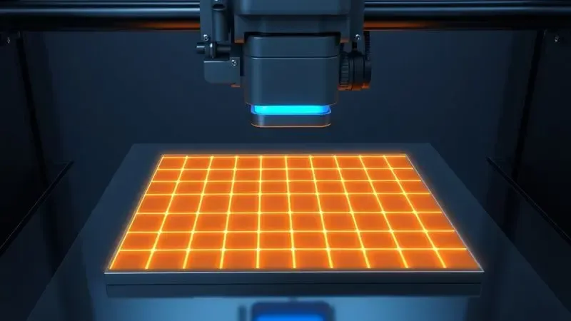 Ilustração de um sensor de nivelamento automático escaneando a mesa de uma impressora 3D.