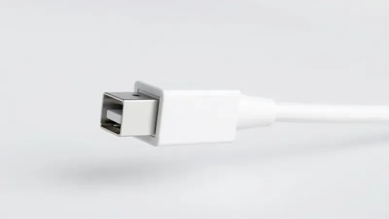 Ilustração digital em 3D de um conector USB tipo B utilizado em impressoras, com foco em sua forma geométrica característica.