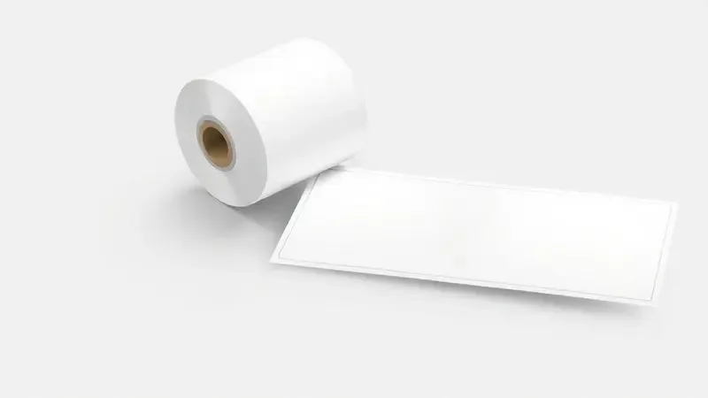 Ilustração digital 3D do processo de transferência térmica mostrando um rolo de ribbon genérico transferindo tinta para uma etiqueta de papel.