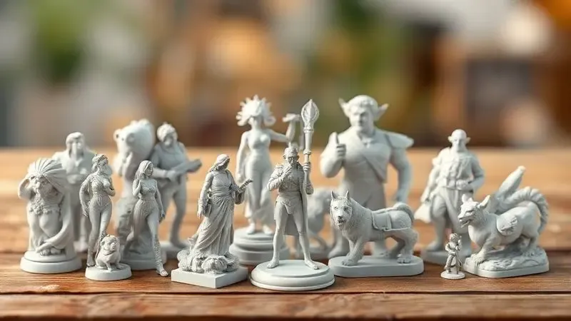 Miniaturas detalhadas e esculturas artísticas produzidas por uma impressora 3D de resina dispostas sobre uma mesa de trabalho.