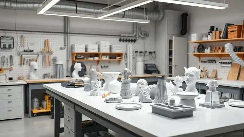 Bancada de trabalho de um designer profissional com diversas peças impressas em resina 3D e ferramentas de precisão.