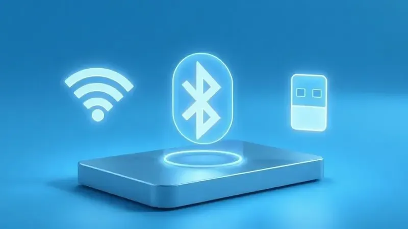 Ícones abstratos de conectividade bluetooth, usb e rede para impressoras térmicas de restaurante.