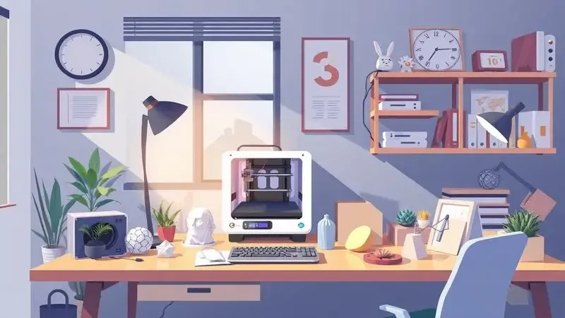 Ilustração de um espaço de trabalho moderno e organizado para negócios com impressão 3D.