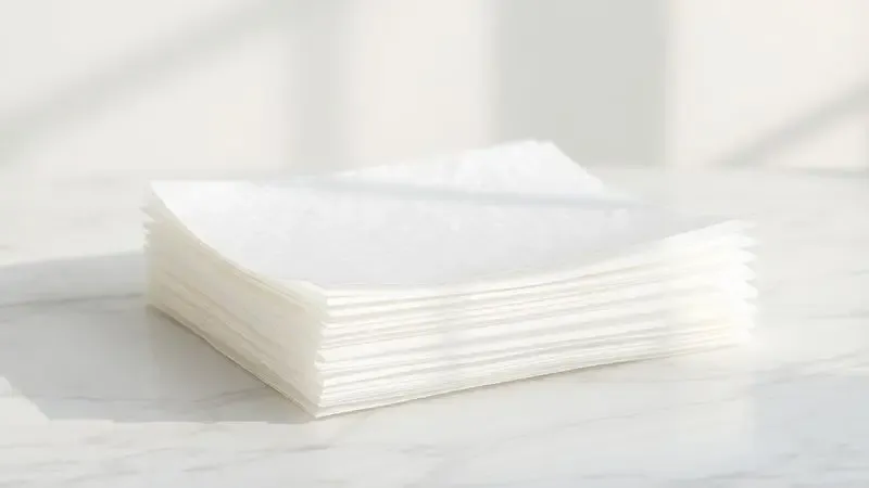 Ilustração digital de folhas finas e translúcidas de papel de arroz comestível empilhadas sobre uma superfície clara.