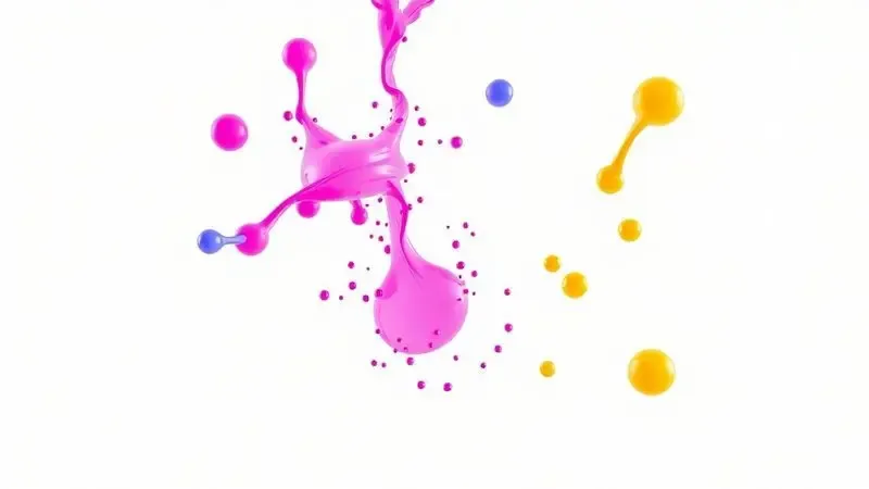 Representação artística tridimensional de gotas de tinta colorida suspensas no ar, simbolizando a fluidez e tecnologia de impressão.