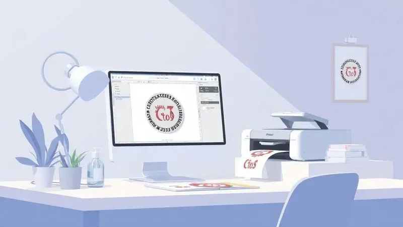 Espaço de trabalho organizado para o processo de criação e impressão de adesivos personalizados.