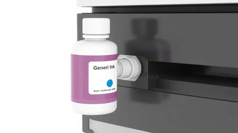 Renderização 3D de um frasco de tinta genérico encaixando perfeitamente em uma válvula de entrada de impressora de forma limpa.