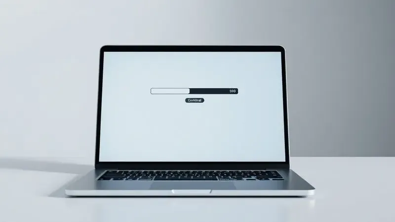 Interface 3D de um software de manutenção de impressora exibindo uma barra de progresso em um notebook moderno.