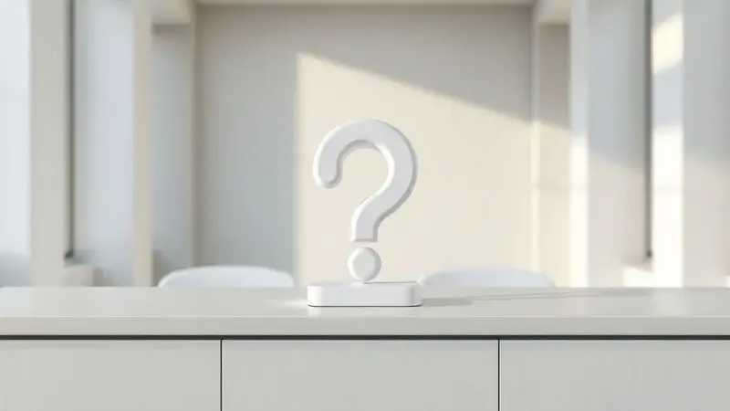 Símbolo de interrogação minimalista em 3D sobre uma superfície clara, simbolizando ajuda e informações técnicas.